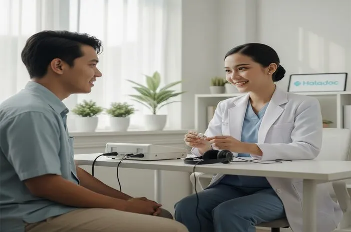 Pemeriksaan telinga oleh ahli audiologis sebelum tes audiometri untuk hasil pendengaran akurat